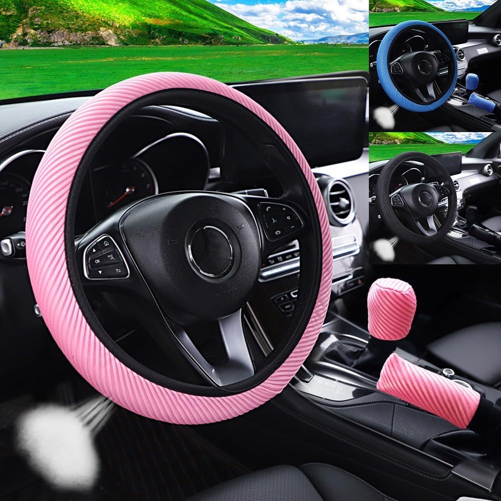 Verbessern Sie Ihr Fahrzeug mit 3 Lenkrad- und Handbremsabdeckungen, weiches Material für Komfort (Rosa) von Sumsoctober