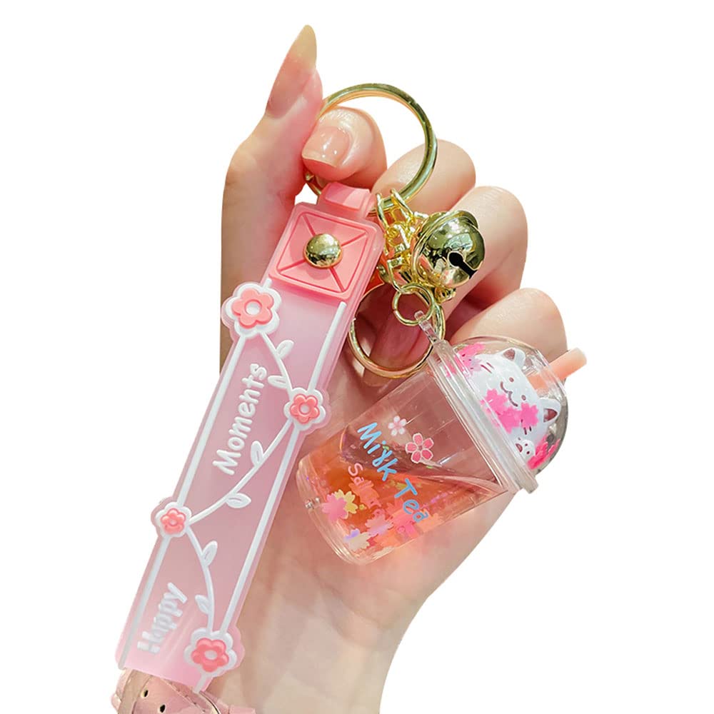 Sunfans Schlüsselanhänger für Mädchen und Frauen, süßer Milchtee, Teetasse, schwimmende Glückskatze mit beweglichem Sand, Schlüsselanhänger, Pink, Small von Sunfans