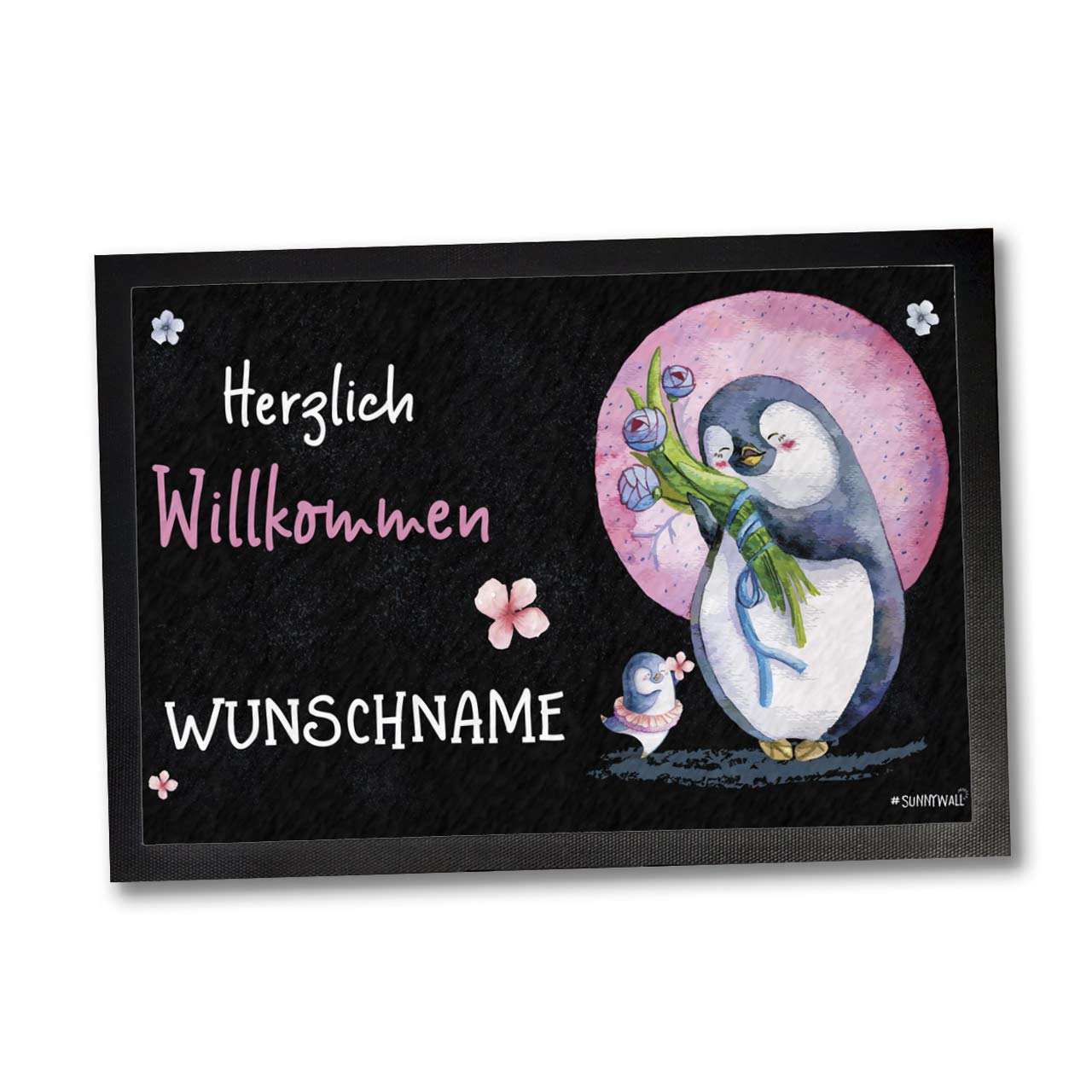 Sunnywall Fußmatte - personalisiert 35 x 50 cm - Pinguin Blume Herzlich Willkommen von Sunnywall