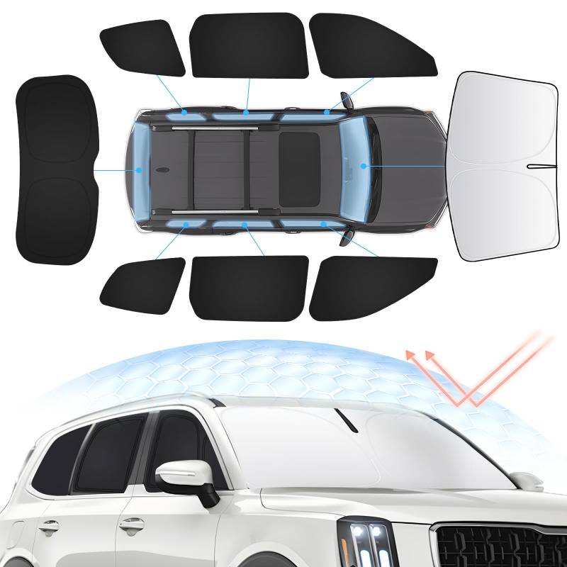 Sunsdrew Windschutzscheiben-Sonnenschutz-Set für Kia Telluride 2020–2023 2024, volle Privatsphäre, Seiten- und Heckscheibenabdeckung, faltbar, schützt vor UV-Strahlung und Hitze, Telluride, von Sunsdrew
