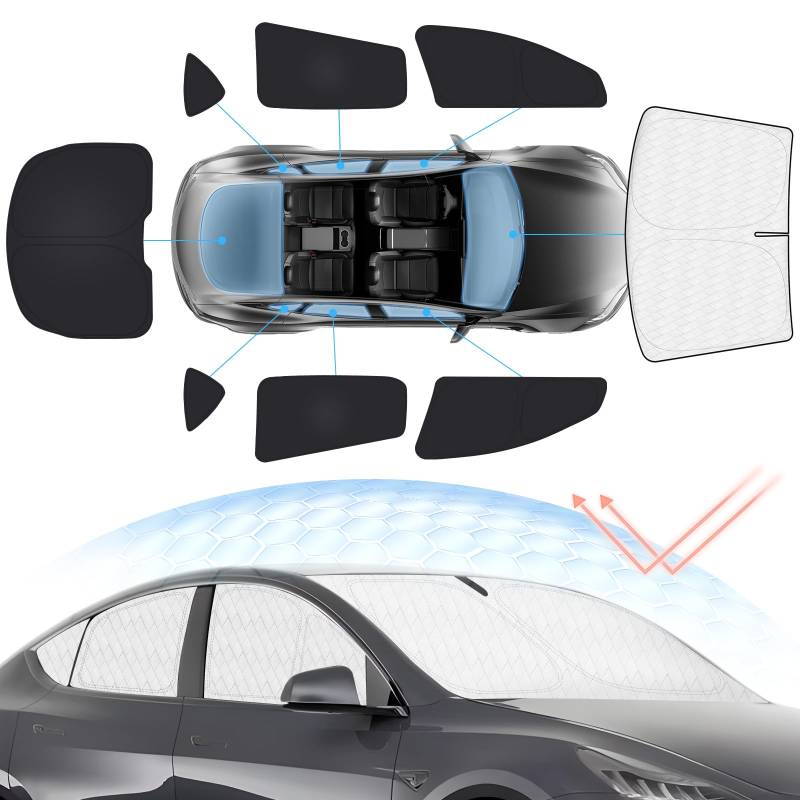 Sunsdrew Windschutzscheiben-Sonnenschutz-Set für Tesla-Modell Y 2020–2024, alle Front- und Heckseitenfenster, Sichtschutz, Faltbarer Sonnenblendenschutz, blockiert UV-Strahlung und Hitze, Modell Y, von Sunsdrew