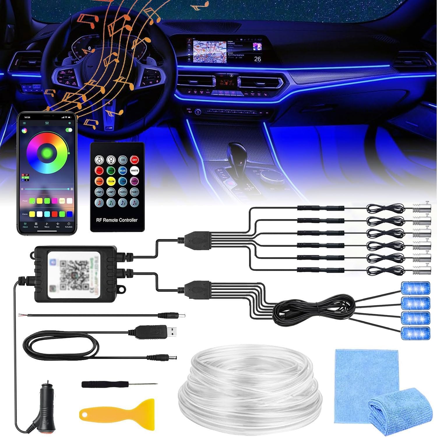 Auto LED Innenbeleuchtung,6M/ 6 in 1 RGB Auto Innenraumbeleuchtung,12V Led Atmosphäre Licht Auto,App+Fernbedienung Control steuerbare Innenbeleuchtung Laser,Mehrfarbige Ambientebeleuchtung von Sunshine smile