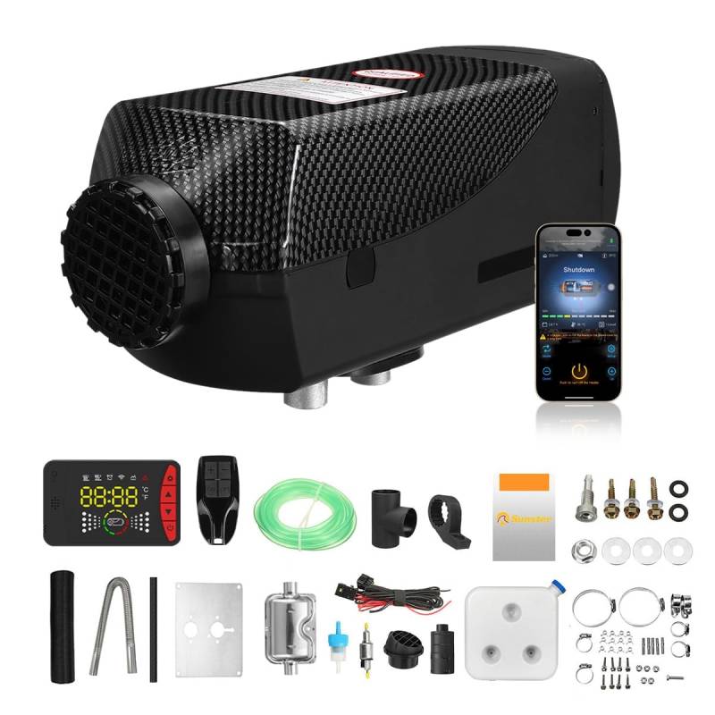 Sonnenlicht 2KW 12V 24V Parkplatz Diesel Heizung, Nacht Luftheizung, Upgrade Smart Fernbedienung mit Bluetooth APP Steuerung Ultra leise Ölpumpe für LKW, Boot, Auto Anhänger, Wohnmobile, Wohnmobile von Sunster