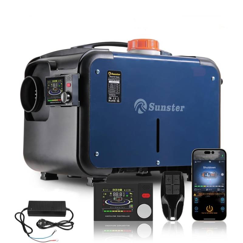 Sunster 8kW Luft Dieselheizung,12 V/24 V/110-240V,0.15–0.48L/Std Diesel Standheizung Bluetooth Air Diesel Heizung mit LCD-Display Fernbedienung und 110-240V EU Adapter von Sunster