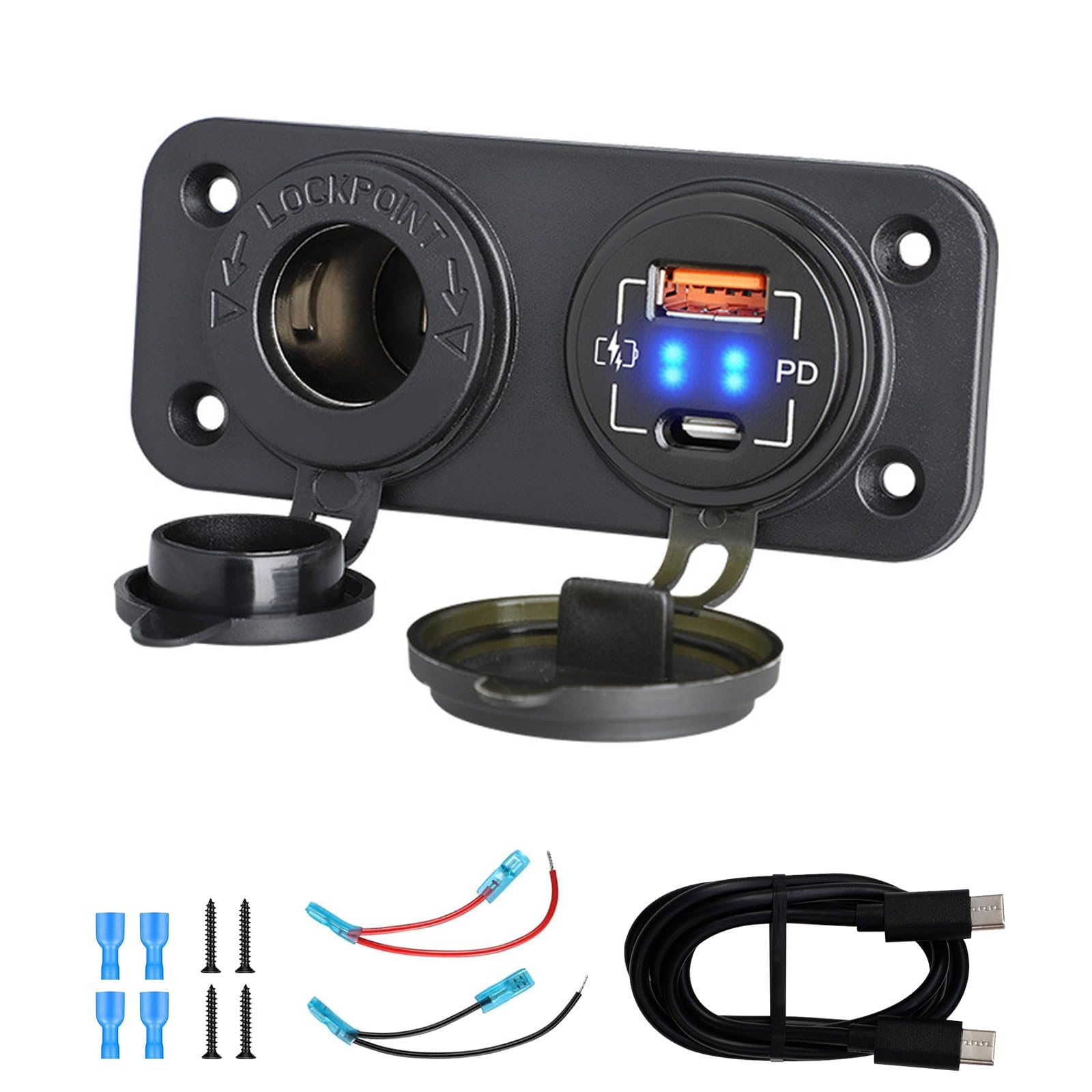 Swavitie 12V Steckdose Zigarettenanzünder mit 48W PD&QC3.0 USB-A Typ-C Ladegerät KFZ Einbaubuchse Wasserdicht Schnellladeadapter Mit 1m Dual Type-C Ladekabel für Auto Boot Camper Wohnmobile von Swavitie