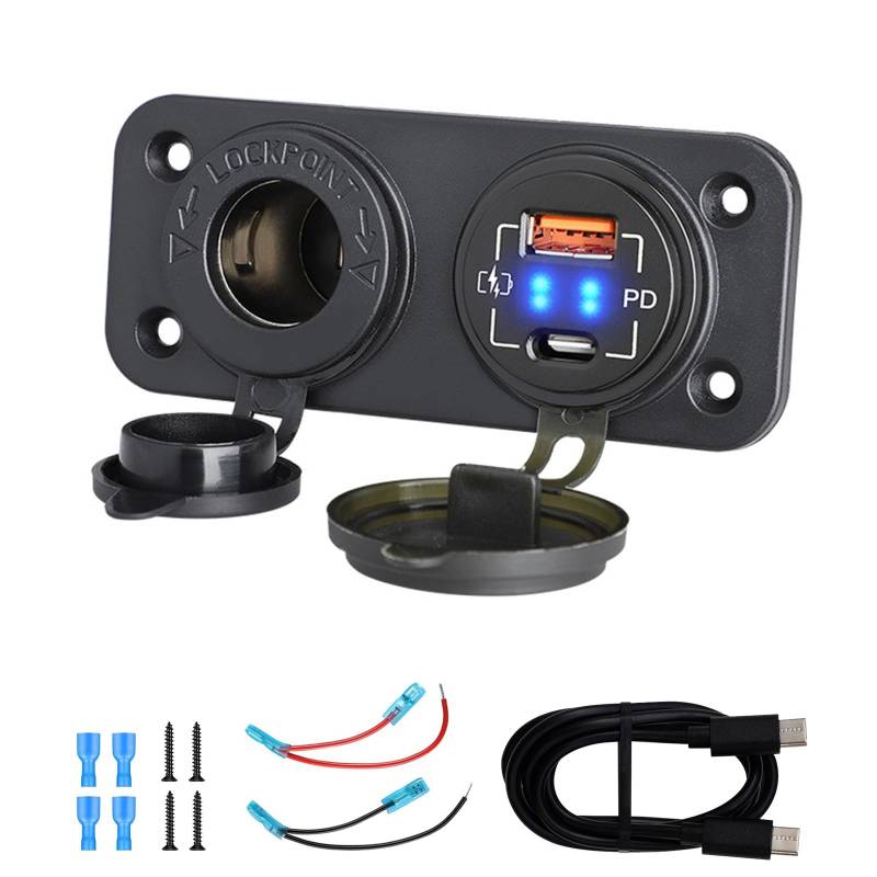 Swavitie 12V Steckdose Zigarettenanzünder mit 48W PD&QC3.0 USB-A Typ-C Ladegerät KFZ Einbaubuchse Wasserdicht Schnellladeadapter Mit 1m Dual Type-C Ladekabel für Auto Boot Camper Wohnmobile von Swavitie