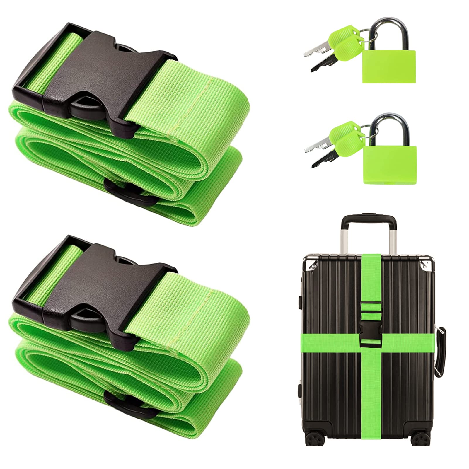 Koffergurt Kofferband Gurt 2er-Pack, 200 cm /78,74 in Grüne Nylon Einstellbare Kofferband mit Schloss Gepäckband Gepäckgurt Koffer Gurtband mit 2 Schlössern für Gepäck Reisezubehör von SwirlColor
