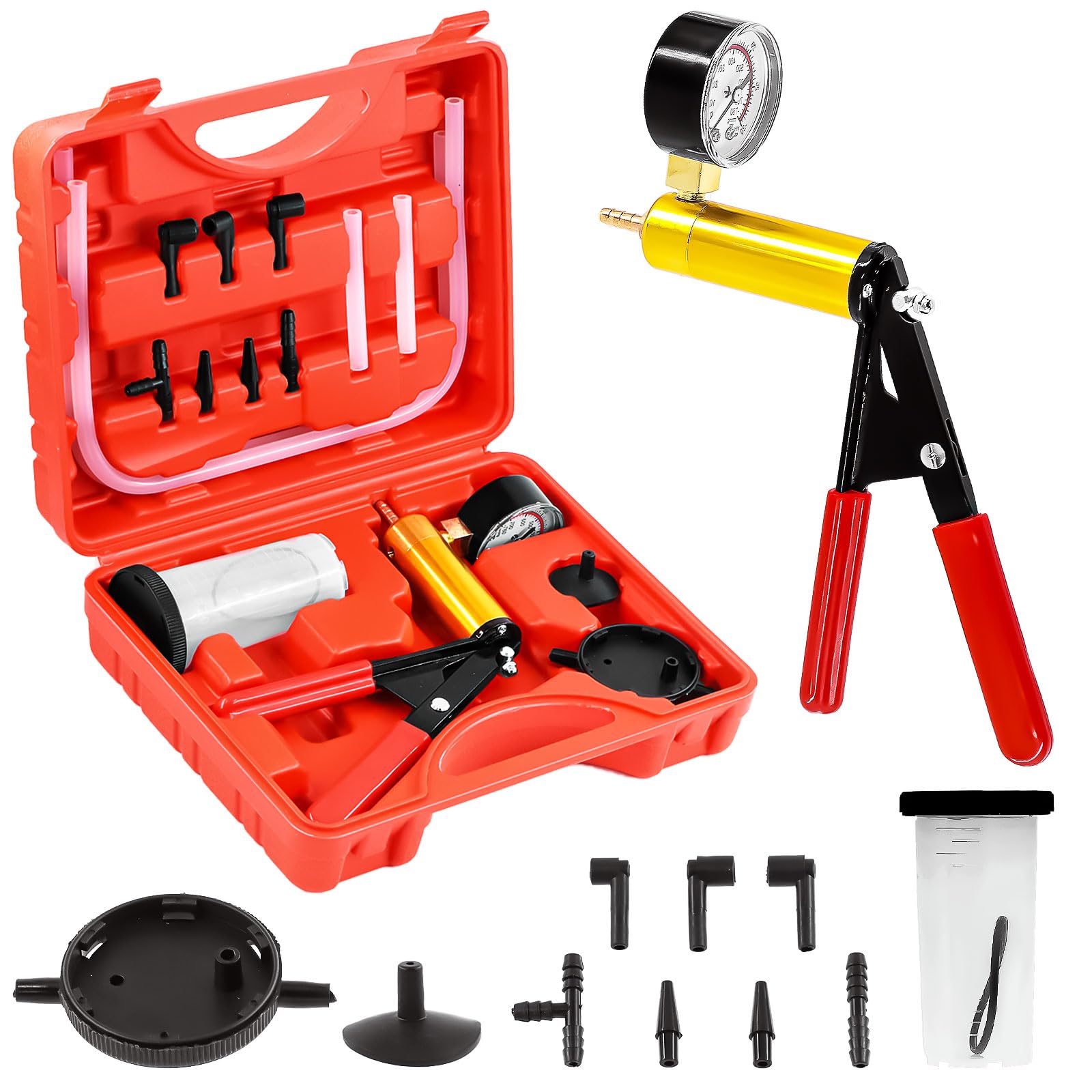 Swpeet 15Pcs.1Set Rot 2 in 1 Handvakuumpumpe Bremsentlüfter Sortiment Kit, Bremssystem Entlüftungswerkzeuge Manuelle Vakuumpumpe mit Messgerätadaptern ersetzen Bremsöl für Motorrad, Fahrrad, Auto Swpeet 15Pcs.1Set Rot 2 in 1 Handvakuumpumpe Bremsentlüfter Sortiment Kit, Bremssystem Entlüftungswerkzeuge Manuelle Vakuumpumpe mit Messgerätadaptern ersetzen Bremsöl für Motorrad, Fahrrad, Auto von Swpeet