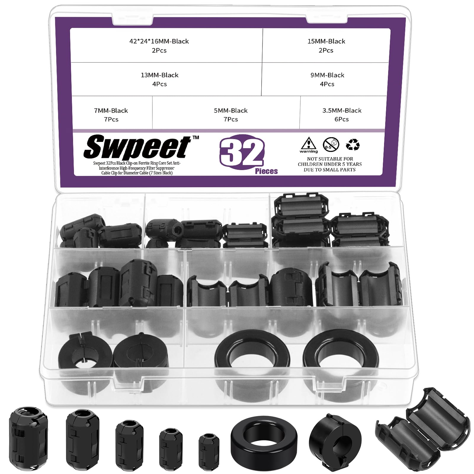 Swpeet 32Pcs 7 Größen Clip-on Ferrit Ring Kern mit Toroid Kern Assortiment Kit, RFI EMI Geräuschunterdrücker Kabel Clip für 3.5/5/7/9/13/15/42 * 24 * 16mm Durchmesser HDMI USB Kabel Swpeet 32Pcs 7 Größen Clip-on Ferrit Ring Kern mit Toroid Kern Assortiment Kit, RFI EMI Geräuschunterdrücker Kabel Clip für 3.5/5/7/9/13/15/42 * 24 * 16mm Durchmesser HDMI USB Kabel von Swpeet