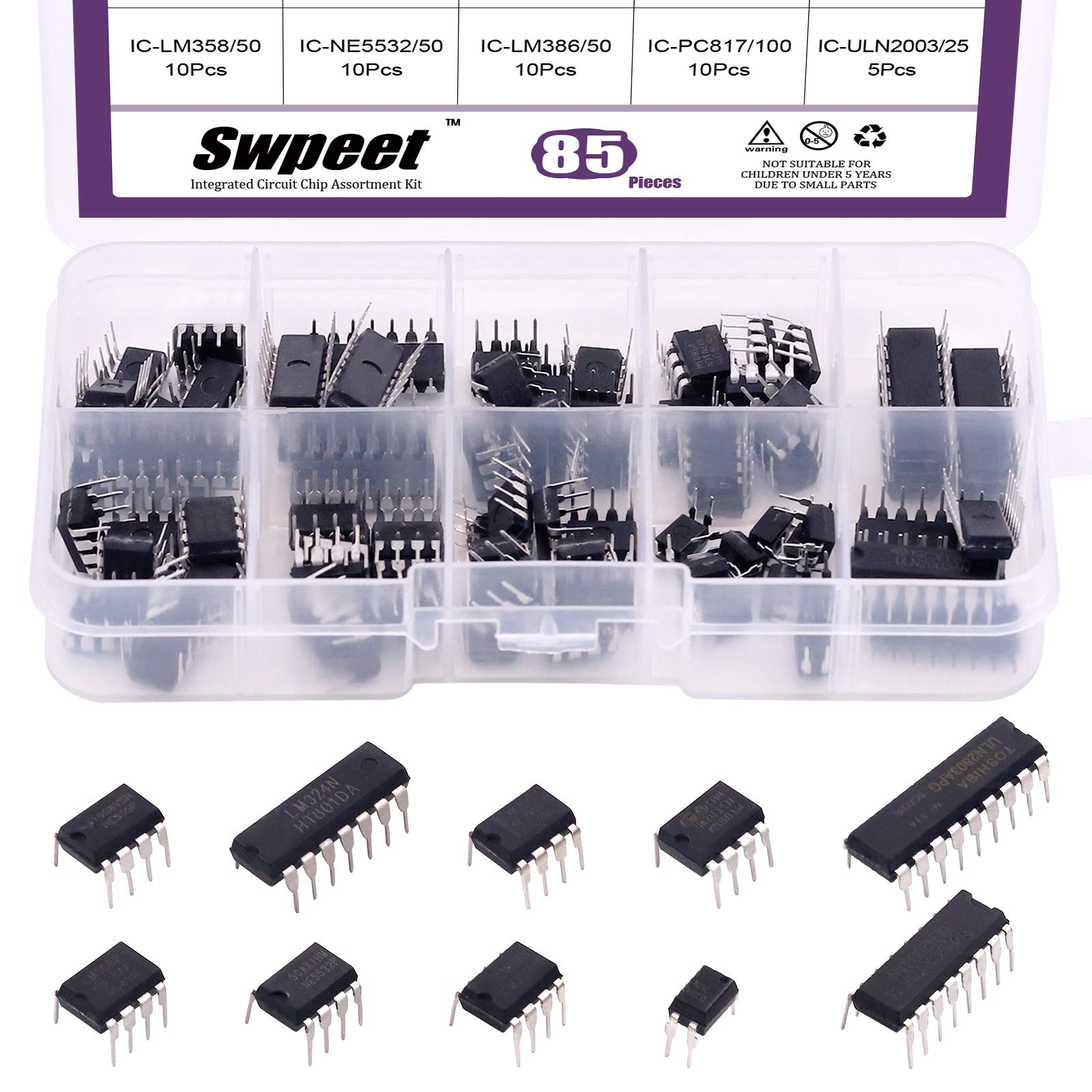 Swpeet 85 Stück 10 Arten integrierter Schaltkreis-Chip-Sortiment-Kit, LM-Serie Dual/Quad Operationsverstärker Opamp, Single Precision Timer, PWM – LM324 LM358 LM386 LM393 UA741 NE5532 NE555 Swpeet 85 Stück 10 Arten integrierter Schaltkreis-Chip-Sortiment-Kit, LM-Serie Dual/Quad Operationsverstärker Opamp, Single Precision Timer, PWM – LM324 LM358 LM386 LM393 UA741 NE5532 NE555 von Swpeet