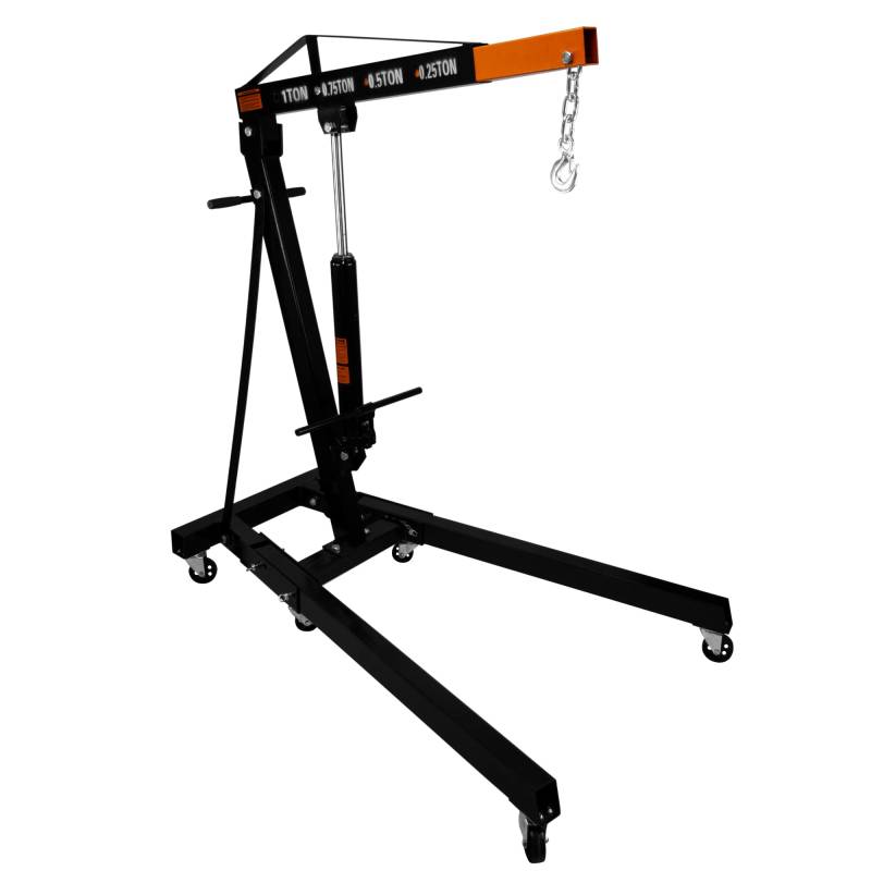 T-Mech 1000KG Werkstattkran Kran Motorkran Klappbar Motorheber Hebekran Motor Werkstatt Hydraulischer Pumpengriff Klappbare Beine Lastaufzug Griff Räder Garage 4 JIB-Arm Positionen Schwarz Stahl von T-Mech