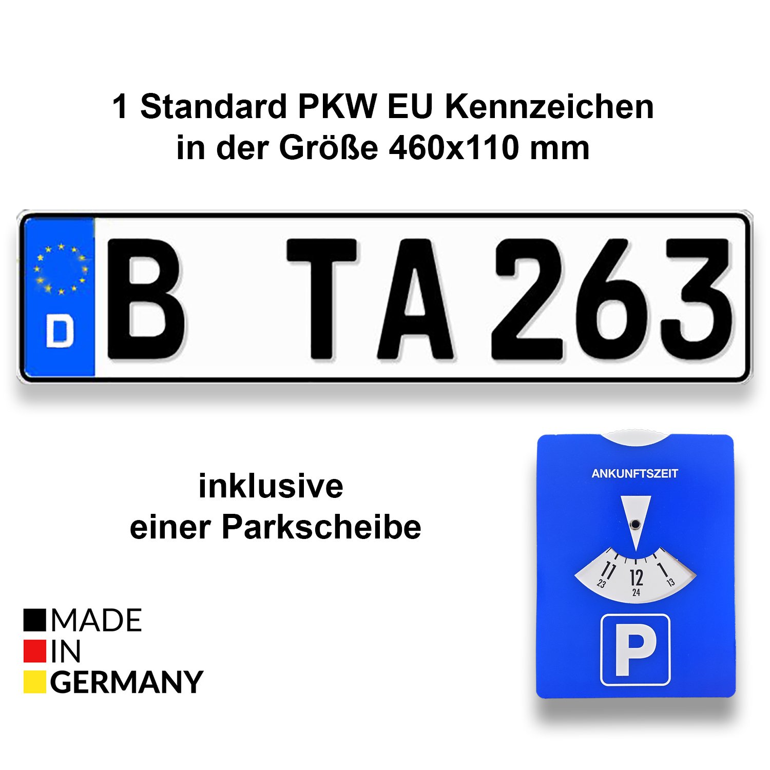 TA TradeArea 1 Standard PKW EU Kennzeichen in der Größe 460x110 mm inklusive Einer Parkscheibe von TA TradeArea