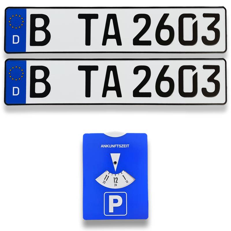 2 DIN-zertifizierte Kfz-Kennzeichen in der Standard-Größe 520x110 mm inklusive Parkscheibe passend für alle Deutschen Fahrzeuge von TA TradeArea