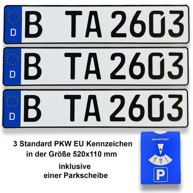 TA TradeArea 3 DIN-zertifizierte Kfz-Kennzeichen in der Standard-Größe 520x110 mm inklusive Parkscheibe passend für alle Deutschen Fahrzeuge und Fahrradträger (3 Kennzeichen) von TA TradeArea