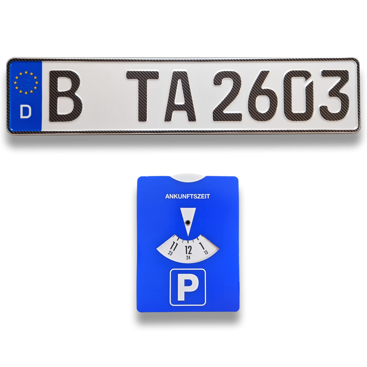 1 DIN-zertifiziertes Kfz-Kennzeichen in Carbon-Optik in der Standard-Größe 520x110 mm inklusive Parkscheibe passend für alle Deutschen Fahrzeuge (1 Kennzeichen Carbon-Optik) von TA TradeArea