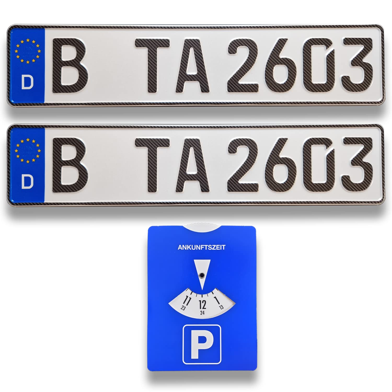 TA TradeArea 2 DIN-zertifiziertes Kfz-Kennzeichen in Carbon-Optik in der Standard-Größe 520x110 mm inklusive Parkscheibe passend für alle Deutschen Fahrzeuge von TA TradeArea