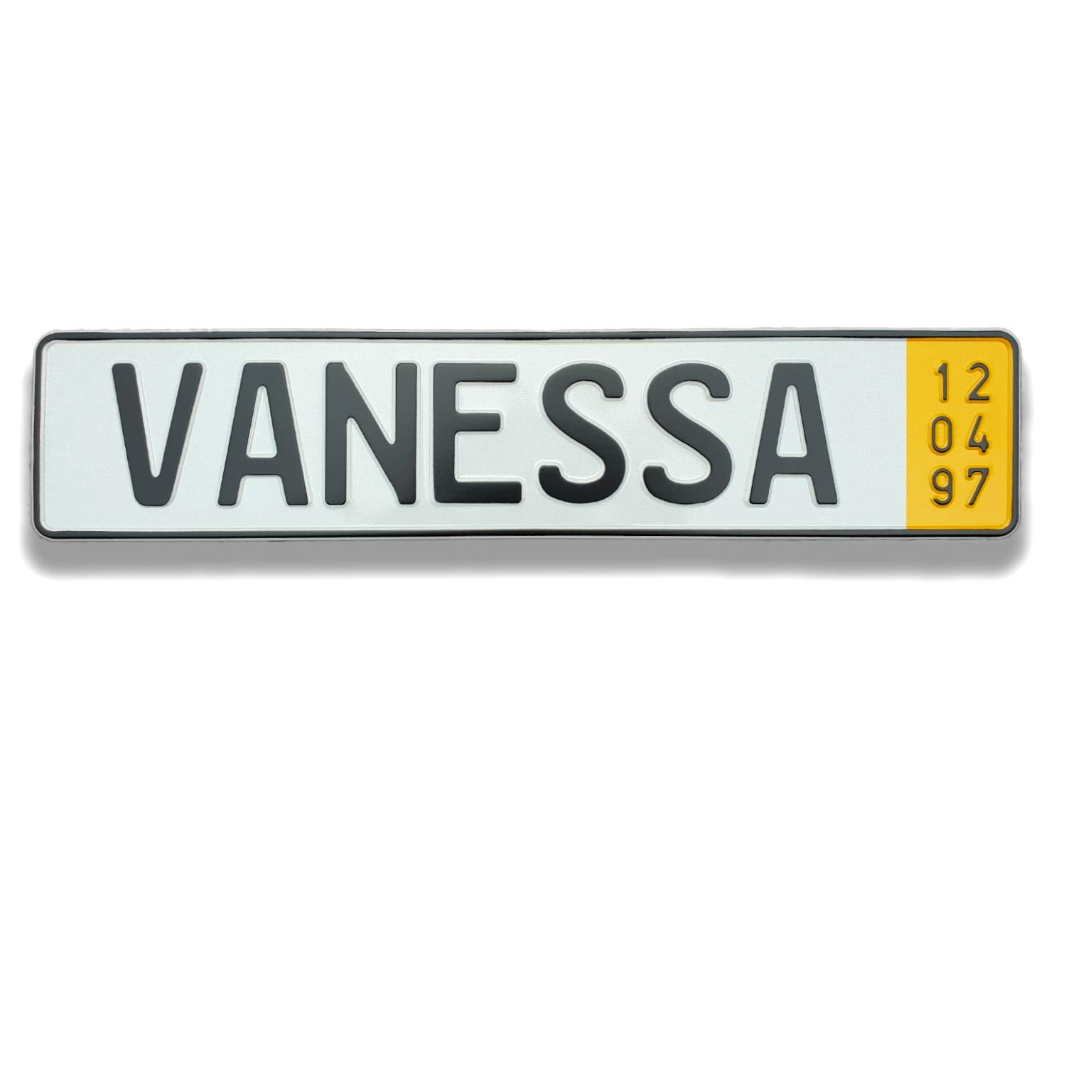 Namenskennzeichen | Namensschild mit Geburtsdatum individualisierbares geprägtes Nummernschild egal ob Geburtstag oder Taufe (gelbes Namensschild) Namenskennzeichen | Namensschild mit Geburtsdatum individualisierbares geprägtes Nummernschild egal ob Geburtstag oder Taufe (gelbes Namensschild) von TA TradeArea