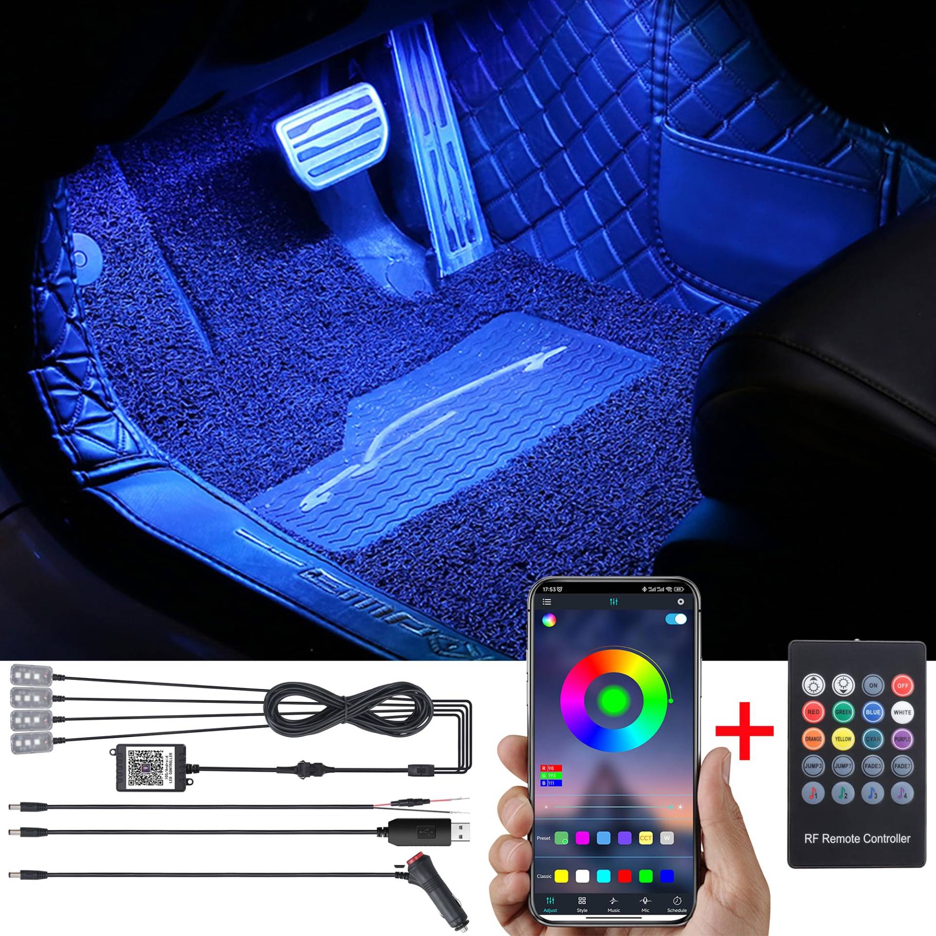 TABEN Auto Ambient Footwell Beleuchtung RGB Fernbedienung + APP Control Dekorative Lampe DIY Refit Flexible 64 Farben Innenbeleuchtung Atmosphärenlicht 1W DC 12V von TABEN