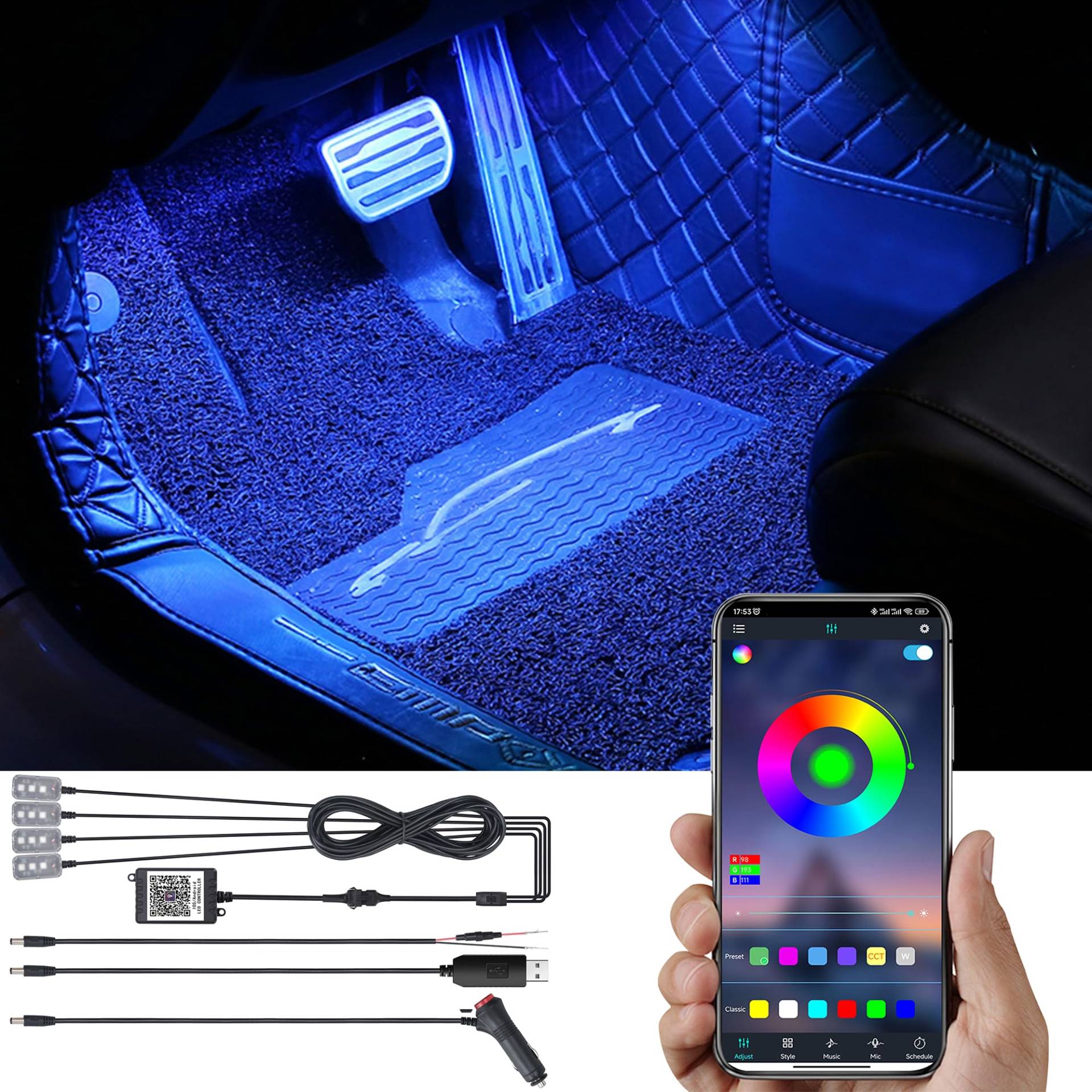 TABEN Auto Ambient Footwell Lighting APP Control Dekorative Lampe DIY Refit Flexible 64 Farben Innenbeleuchtung Atmosphärenlicht 1W DC 12V von TABEN