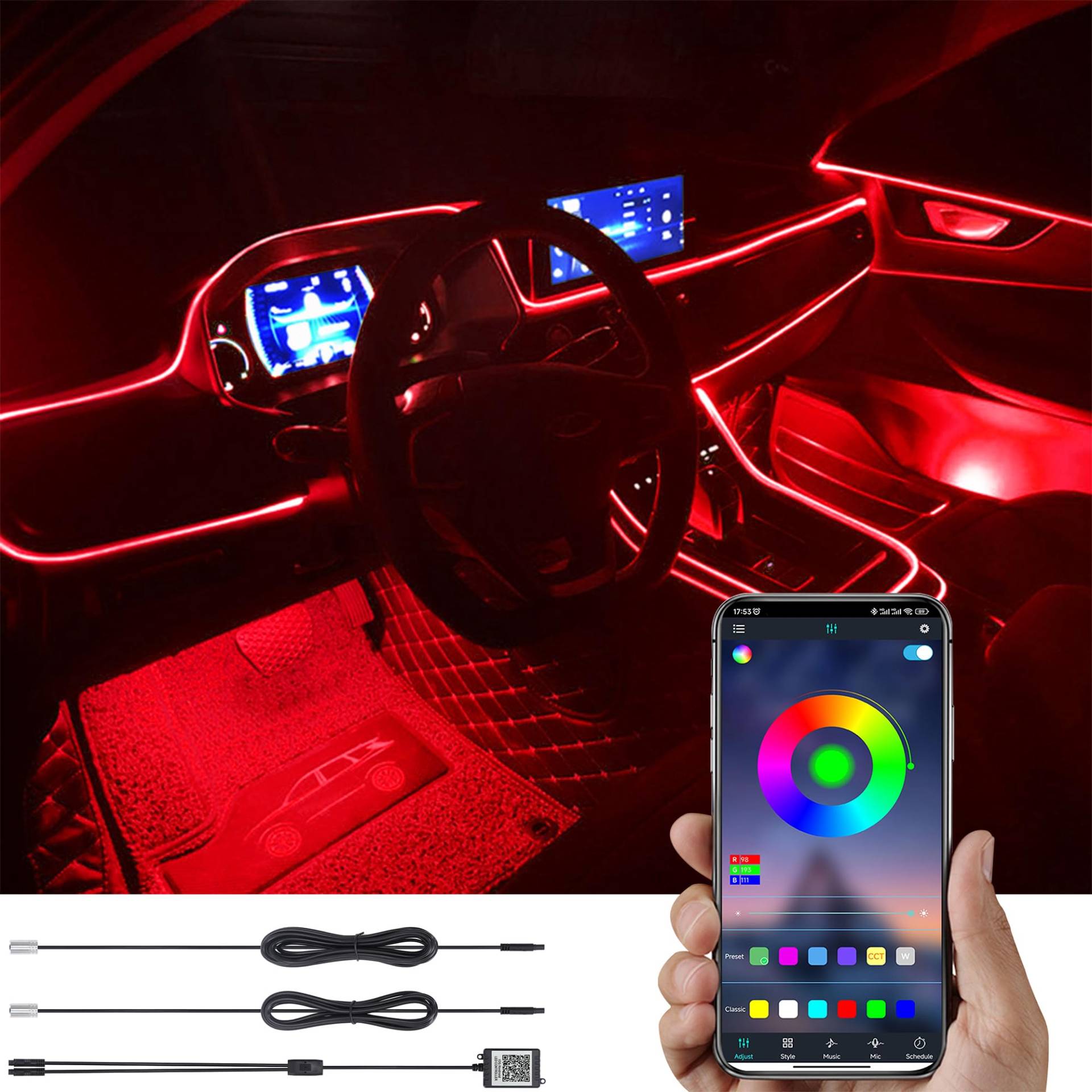 TABEN Auto Atmosphärenlicht Kit Musiksynchronisation Mehrfarbig RGB 16 Millionen Farben 3 Meter Glasfaser USB Ambientebeleuchtung Kit, Sound-Active-Funktion und drahtlose Bluetooth-App-Steuerung 12 V von TABEN