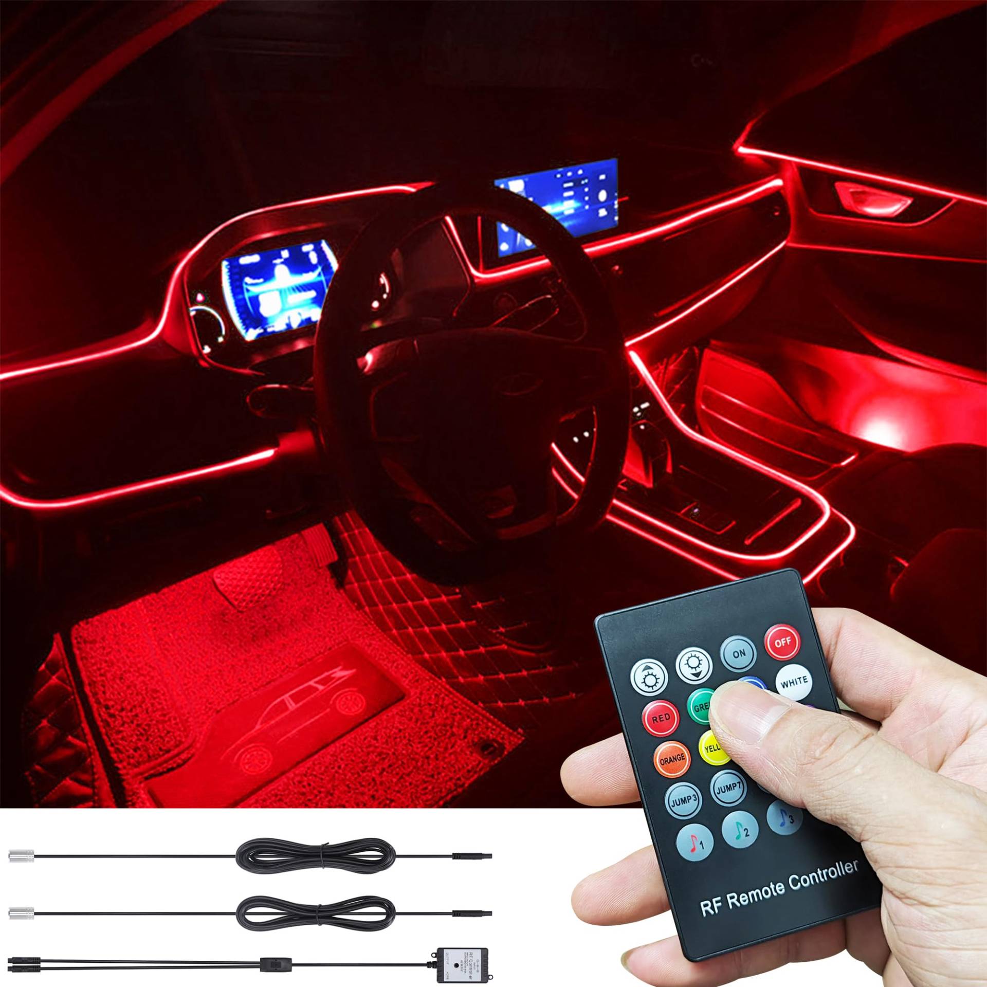 TABEN Auto Atmosphärenlicht Kit Musiksynchronisation Mehrfarbig RGB 16 Millionen Farben 3 Meter Glasfaser USB Ambientebeleuchtung Kit, Sound-Active-Funktion und drahtlose RF-Fernbedienung DC 12 V von TABEN