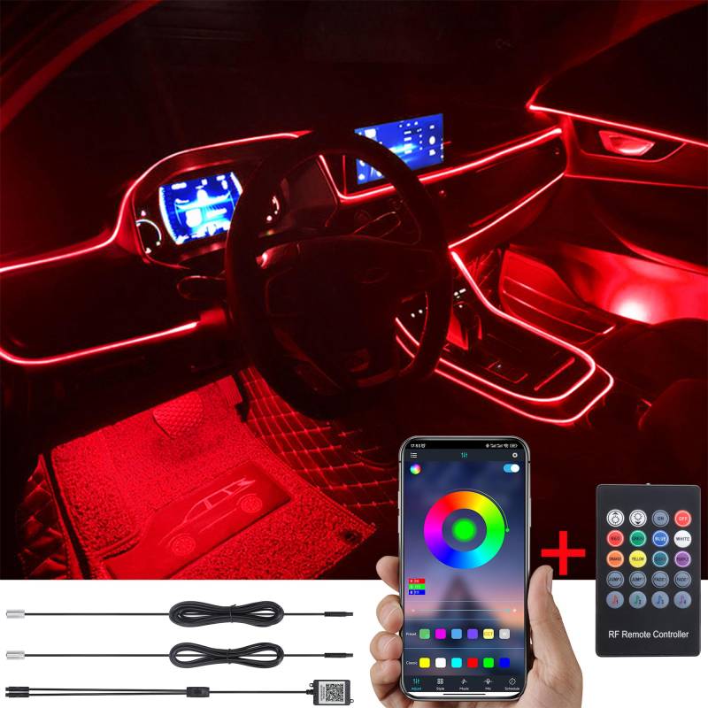 TABEN Auto Atmosphärenlicht Kit Musiksynchronisation Mehrfarbig RGB 16 Millionen Farben 3 Meter Glasfaser USB-Ambientebeleuchtung Kit, drahtlose RF-Fernbedienung und Bluetooth-App-Steuerung DC 12V von TABEN