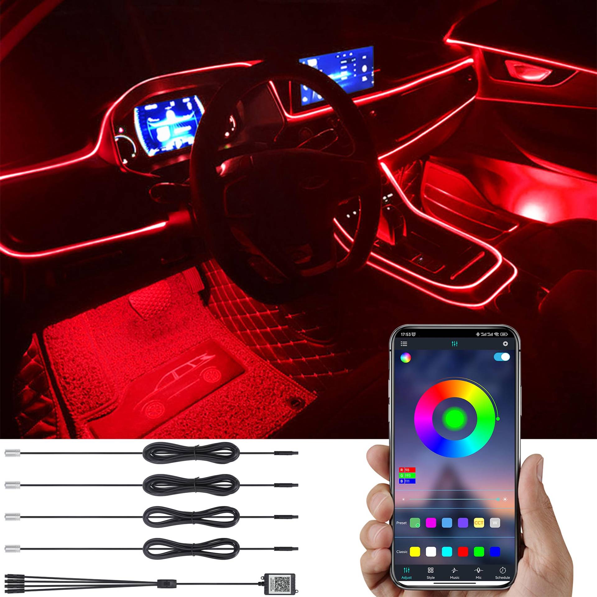 TABEN Auto Atmosphärenlicht Kit Musiksynchronisation Mehrfarbig RGB 16 Millionen Farben 4 Meter Glasfaser USB Ambientebeleuchtung Kit, Sound-Active-Funktion und drahtlose Bluetooth-App-Steuerung 12 V von TABEN