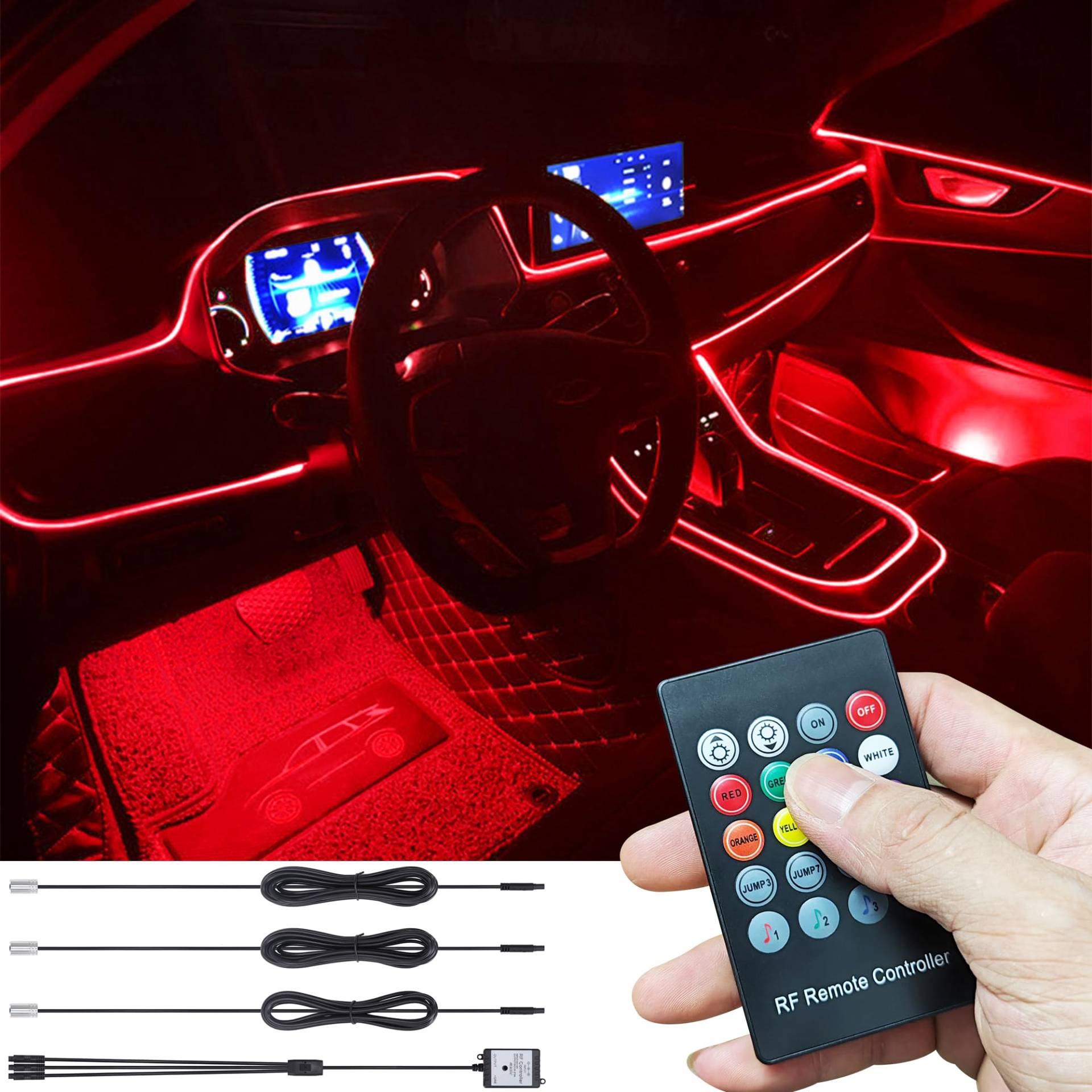 TABEN Auto Atmosphärenlicht Kit Musiksynchronisation Mehrfarbig RGB 16 Millionen Farben 4 Meter Glasfaser USB Ambientebeleuchtung Kit, Sound-Active-Funktion und drahtlose RF-Fernbedienung DC 12 V von TABEN