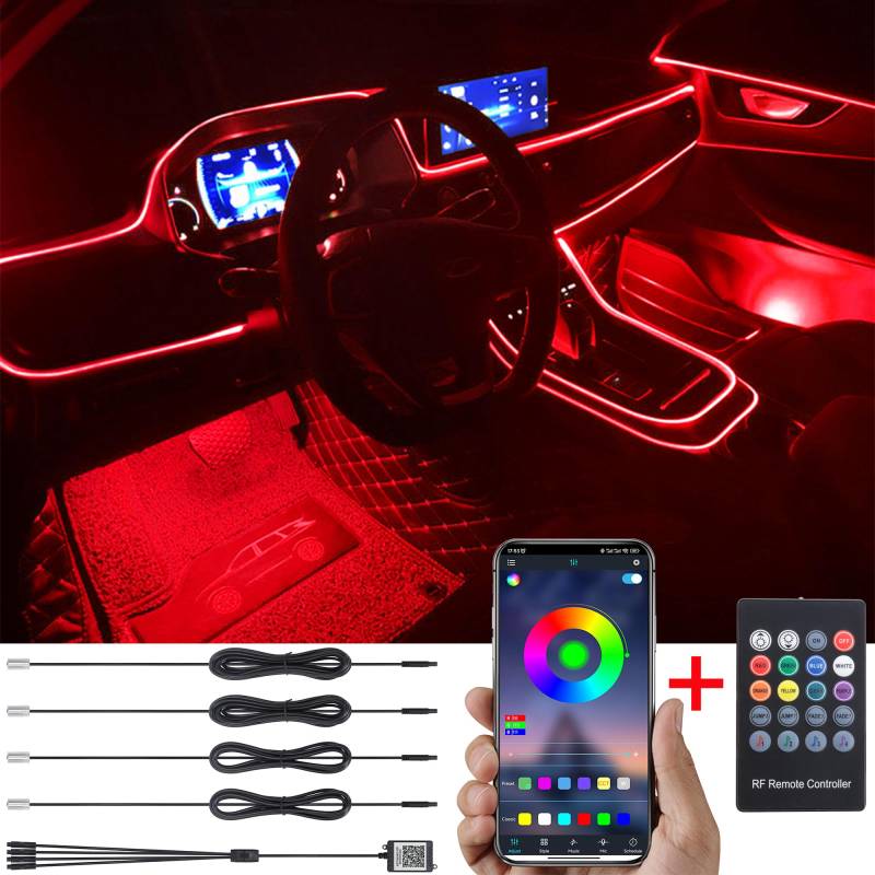 TABEN Auto Atmosphärenlicht Kit Musiksynchronisation Mehrfarbig RGB 16 Millionen Farben 4 Meter Glasfaser USB-Ambientebeleuchtung Kit, drahtlose RF-Fernbedienung und Bluetooth-App-Steuerung DC 12V von TABEN