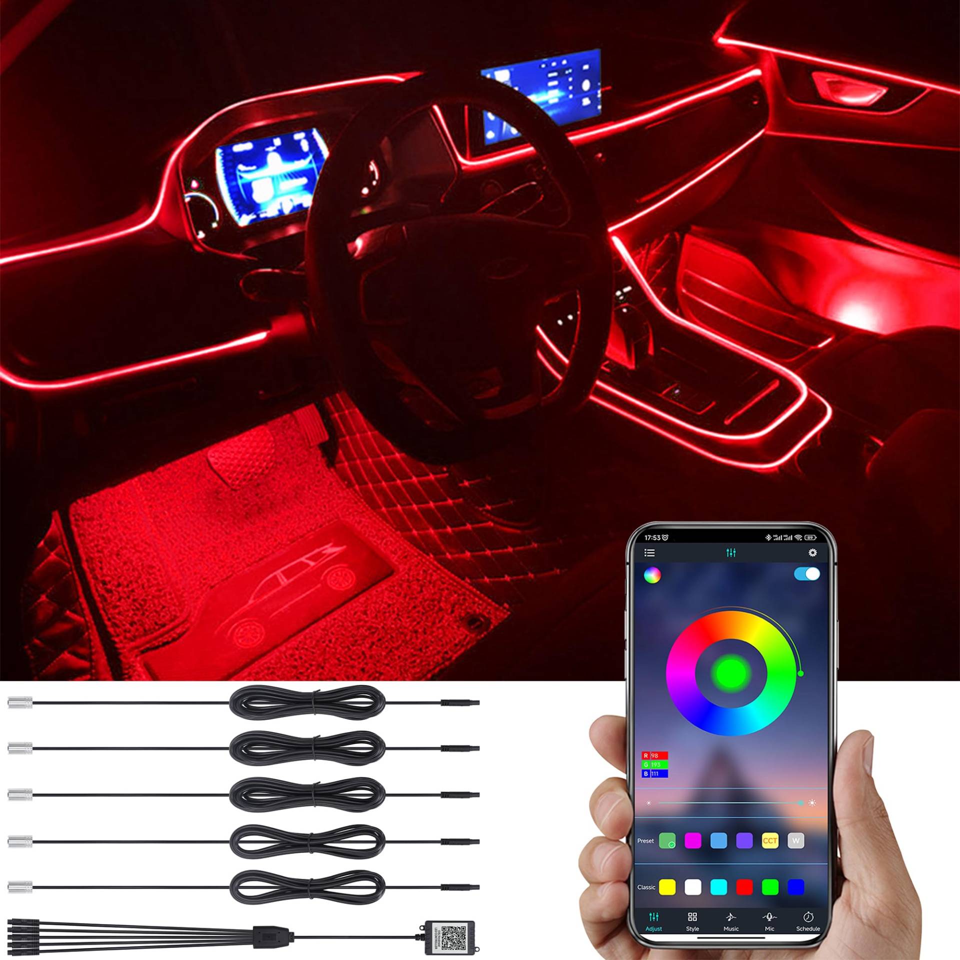 TABEN Auto Atmosphärenlicht Kit Musiksynchronisation Mehrfarbig RGB 16 Millionen Farben 6 Meter Glasfaser USB Ambientebeleuchtung Kit, Sound-Active-Funktion und drahtlose Bluetooth-App-Steuerung 12 V TABEN Auto Atmosphärenlicht Kit Musiksynchronisation Mehrfarbig RGB 16 Millionen Farben 6 Meter Glasfaser USB Ambientebeleuchtung Kit, Sound-Active-Funktion und drahtlose Bluetooth-App-Steuerung 12 V von TABEN