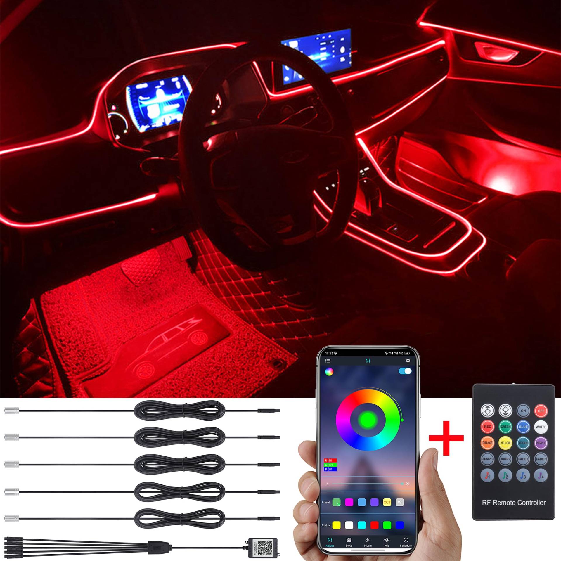 TABEN Auto Atmosphärenlicht Kit Musiksynchronisation Mehrfarbig RGB 16 Millionen Farben 6 Meter Glasfaser USB-Ambientebeleuchtung Kit, drahtlose RF-Fernbedienung und Bluetooth-App-Steuerung DC 12V von TABEN