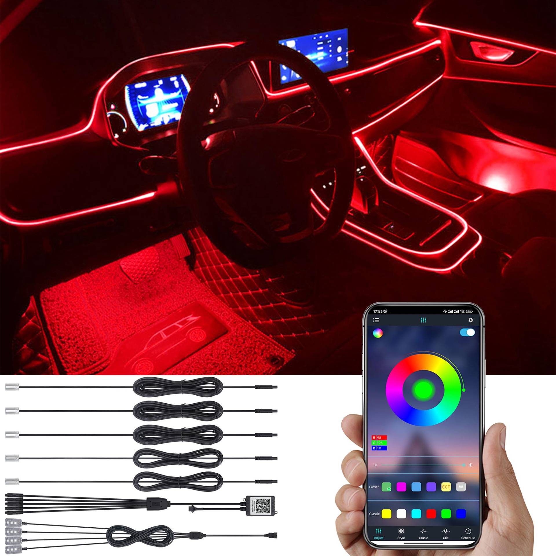 TABEN Auto Atmosphärenlicht Kit Musiksynchronisation Mehrfarbig RGB 16 Millionen Farben 6 Meter Glasfaser USB Fußraum Ambientebeleuchtung Kit, Sound-Active und drahtlose Bluetooth-APP-Steuerung DC 12V von TABEN