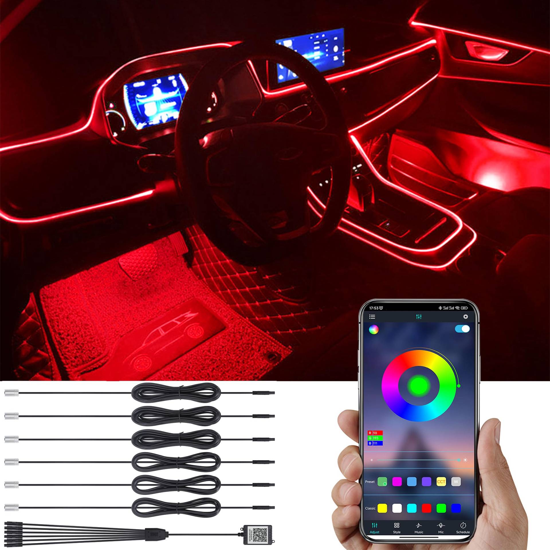 TABEN Auto Atmosphärenlicht Kit Musiksynchronisation Mehrfarbig RGB 16 Millionen Farben 8 Meter Glasfaser USB Ambientebeleuchtung Kit, Sound-Active-Funktion und drahtlose Bluetooth-App-Steuerung 12 V von TABEN