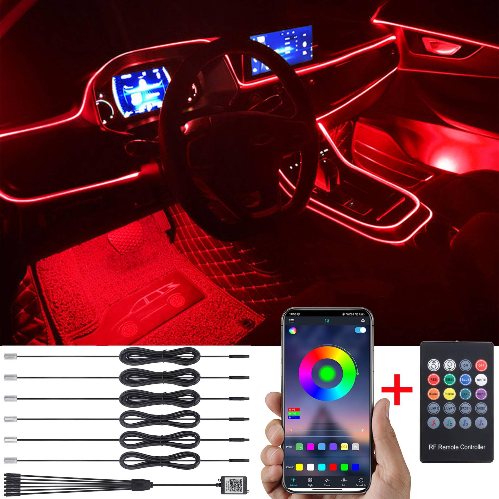 TABEN Auto Atmosphärenlicht Kit Musiksynchronisation Mehrfarbig RGB 16 Millionen Farben 8 Meter Glasfaser USB-Ambientebeleuchtung Kit, drahtlose RF-Fernbedienung und Bluetooth-App-Steuerung DC 12V von TABEN