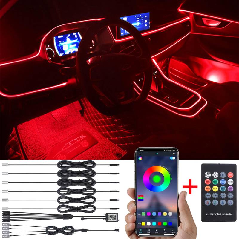 TABEN Auto Atmosphärenlicht Kit Musiksynchronisation Mehrfarbig RGB 16 Millionen Farben 8 Meter Glasfaser USB Fußraum Ambientebeleuchtung Kit, Sound-Active RF-Fernbedienung und Bluetooth-App-Steuerung von TABEN