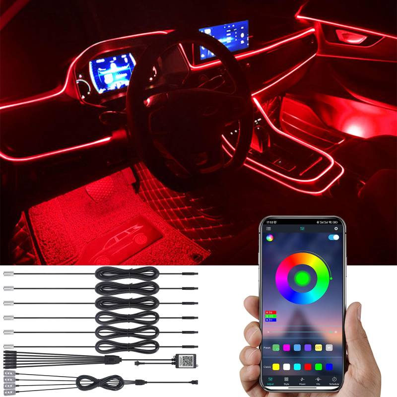 TABEN Auto Atmosphärenlicht Kit Musiksynchronisation Mehrfarbig RGB 16 Millionen Farben 8 Meter Glasfaser USB Fußraum Ambientebeleuchtung Kit, Sound-Active und drahtlose Bluetooth-APP-Steuerung DC 12V von TABEN