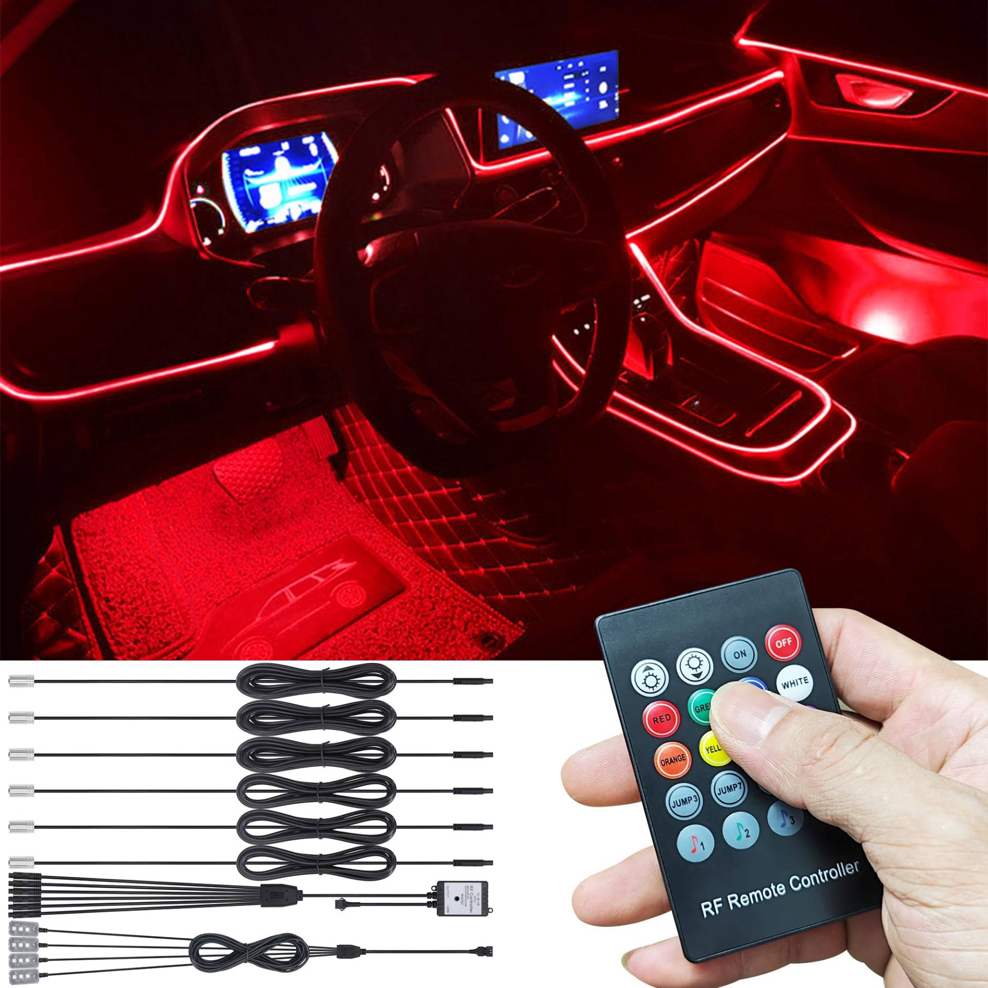 TABEN Auto Atmosphärenlicht Kit Musiksynchronisation Mehrfarbig RGB 16 Millionen Farben 8 Meter Glasfaser USB Fußraum Umgebungsbeleuchtung Kits Sound Aktiv, RF Fernbedienung DC 12V von TABEN