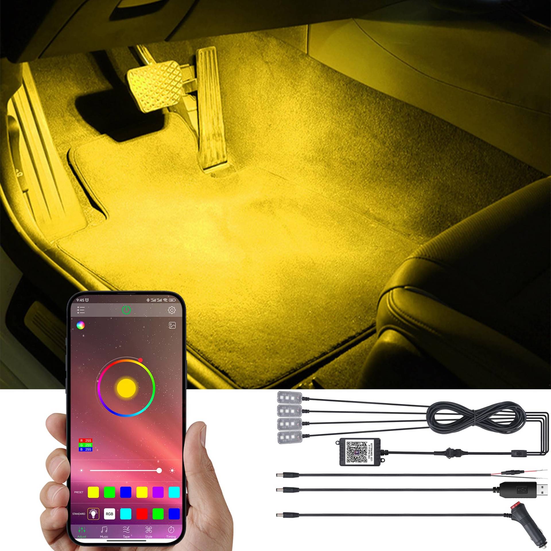 TABEN Auto-Fußraum-Beleuchtungs-Kit, mehrfarbiges Auto-Atmosphären-Beleuchtungs-Kit, Musik-Rhythmus-Sound-aktive Speicherfunktion und Bluetooth-APP-Steuerung DC 12V von TABEN