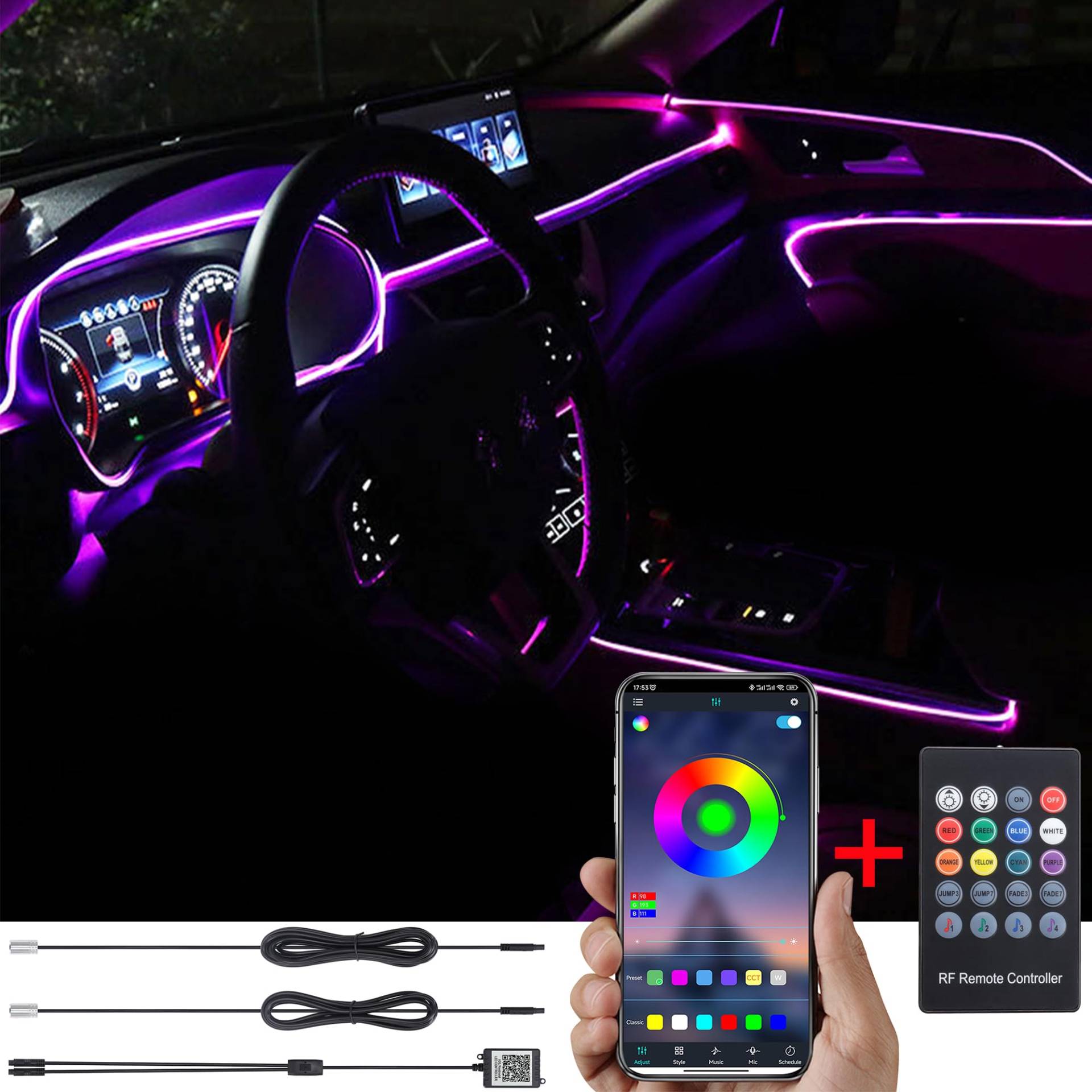 TABEN Auto-Innenbeleuchtungs-Kits USB 3 Meter Glasfaser RGB Mehrfarbig 16 Millionen Farben Musik-Sync-Rhythmus Drahtlose RF-Fernbedienung und APP-Steuerung 12 V mit QC 3.0-Autoladegerät von TABEN