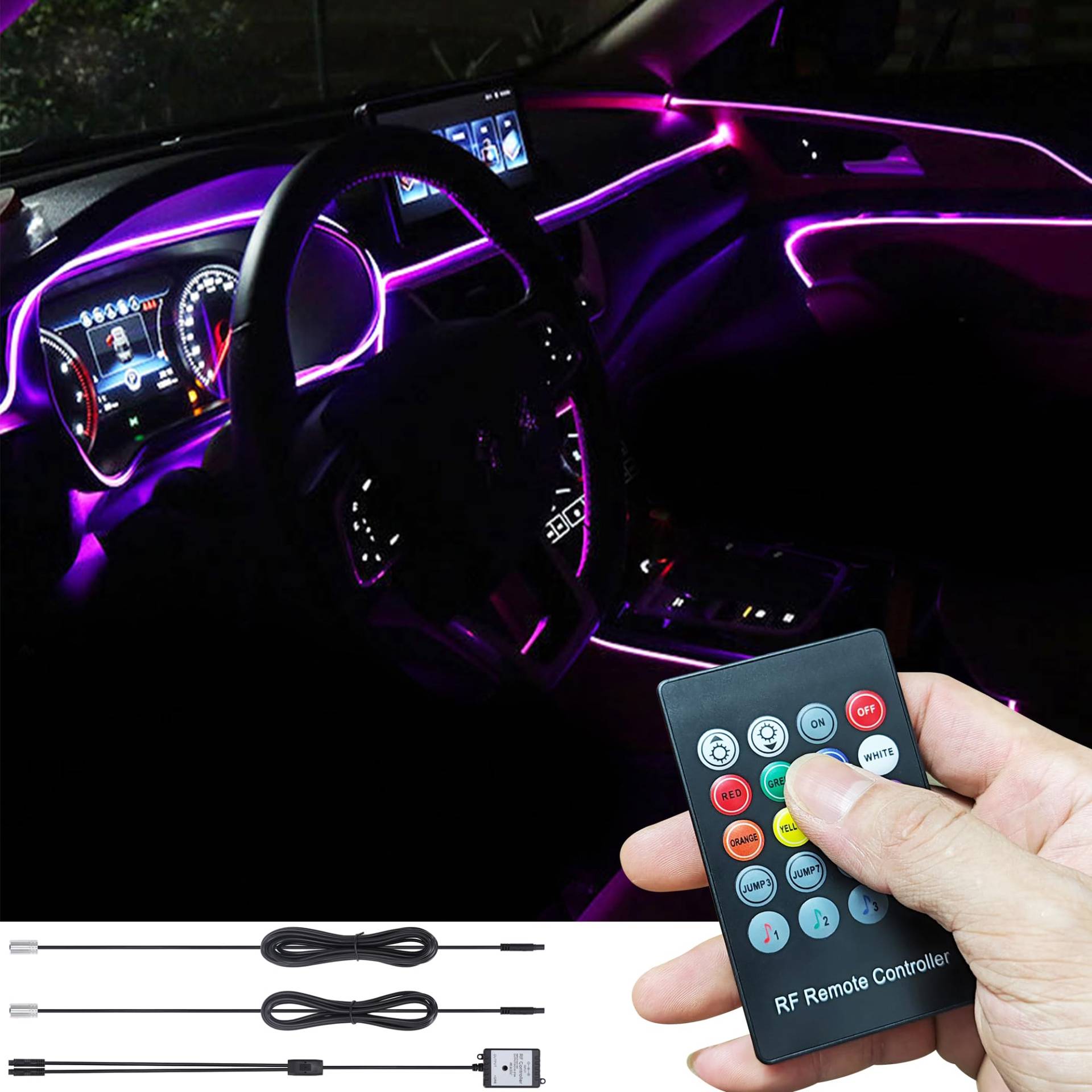 TABEN Auto Innenraum Umgebungsbeleuchtung Kits USB 3 Meter Glasfaser RGB Multicolor Musik Sync Rhythmus Sound Active Funktion und drahtlose RF Fernbedienung 12V mit QC 3.0 Autoladegerät von TABEN
