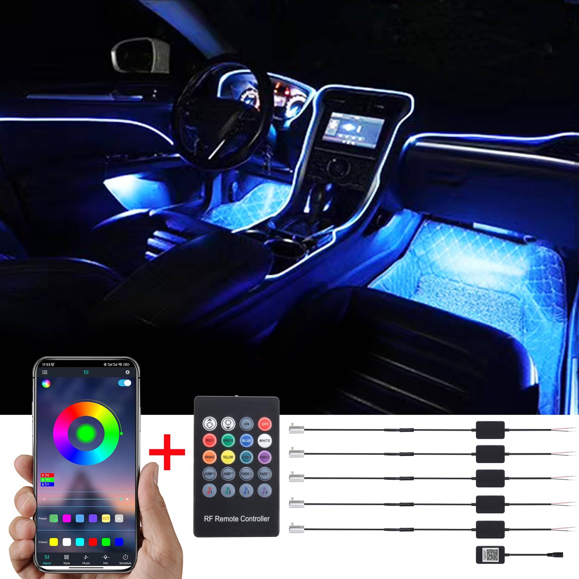 TABEN Auto Innenraum Umgebungslicht 64 Farben APP Control Auto Dekoration Atmosphäre Licht Kit Wasserdicht Glasfaser Atmosphäre Neonstreifen Kaltlichter 1W DC 12V-24V 6m von TABEN