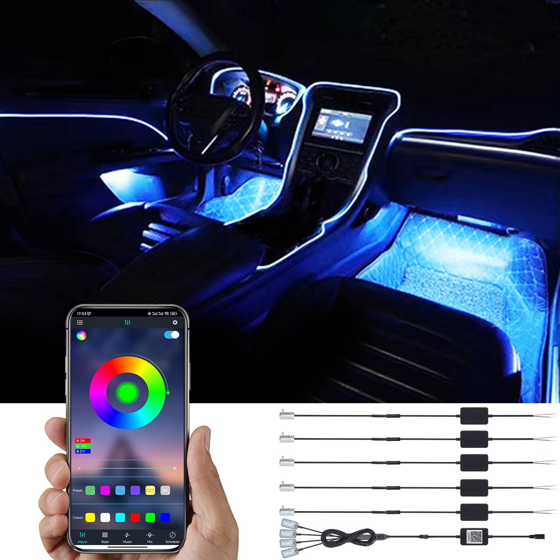 TABEN Auto Innenraum Umgebungslicht 64 Farben APP Control Auto Dekoration Atmosphäre Licht Kit Wasserdicht Glasfaser Atmosphäre Neonstreifen Kaltlichter 1W DC 12V-24V 6m von TABEN