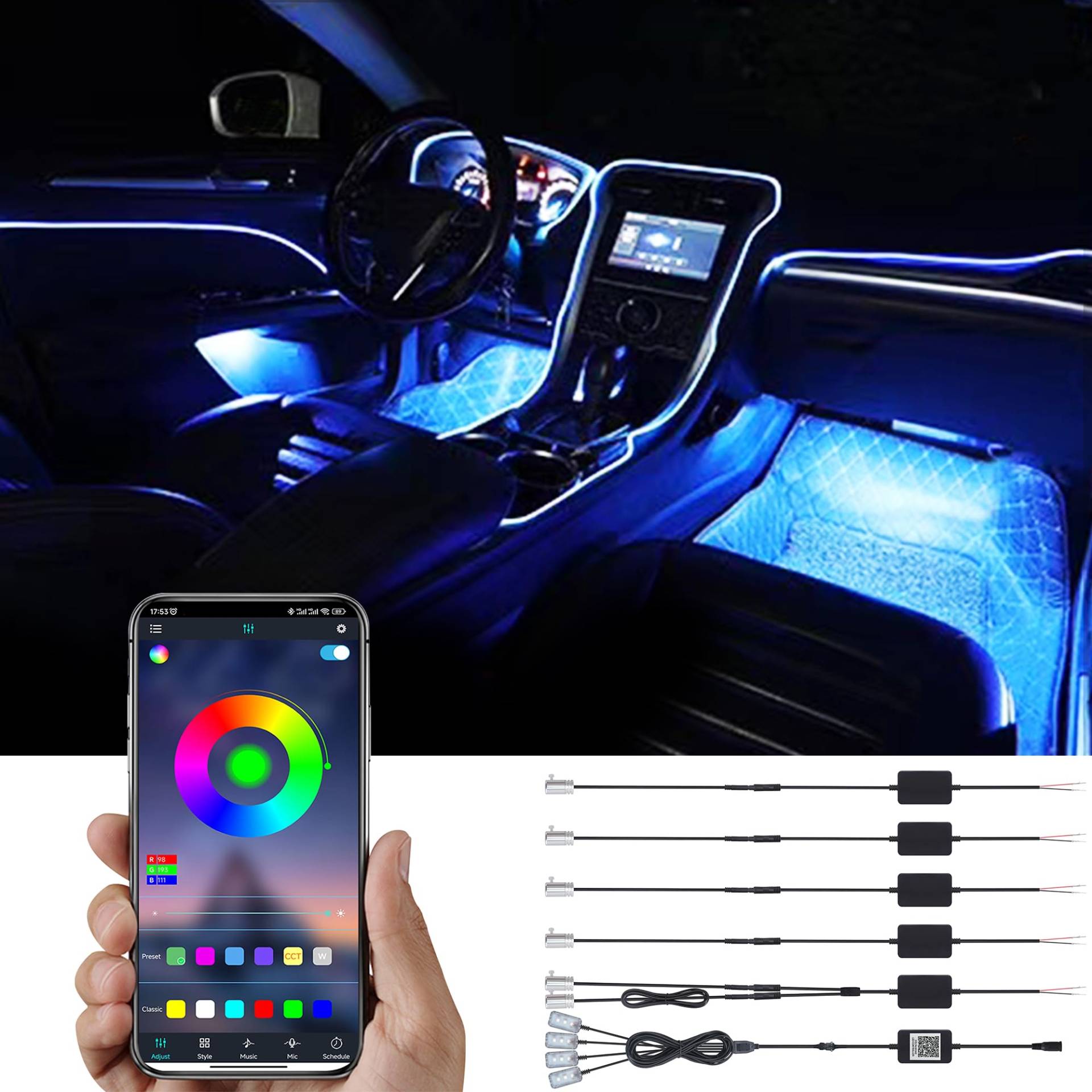 TABEN Auto Innenraum Umgebungslicht 64 Farben APP Control Auto Dekoration Atmosphäre Licht Kit Wasserdicht Glasfaser Atmosphäre Neonstreifen Kaltlichter 1W DC 12V-24V 8m von TABEN