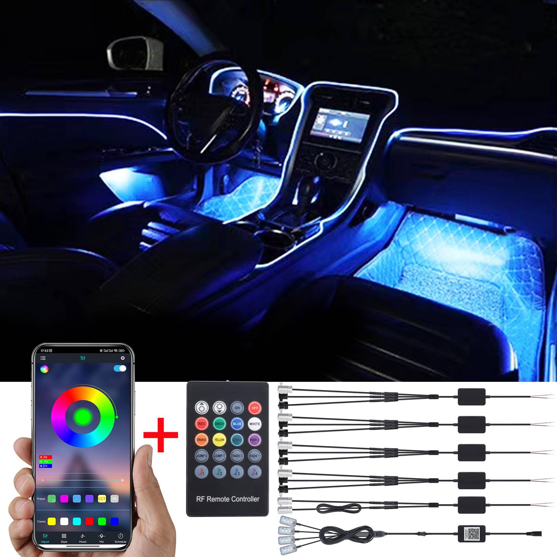 TABEN Auto Innenraum Umgebungslicht 64 Farben APP Control Auto Dekoration Atmosphäre Licht Kit Wasserdicht Glasfaser Atmosphäre Neonstreifen Kaltlichter 1W DC 12V-24V 8m von TABEN