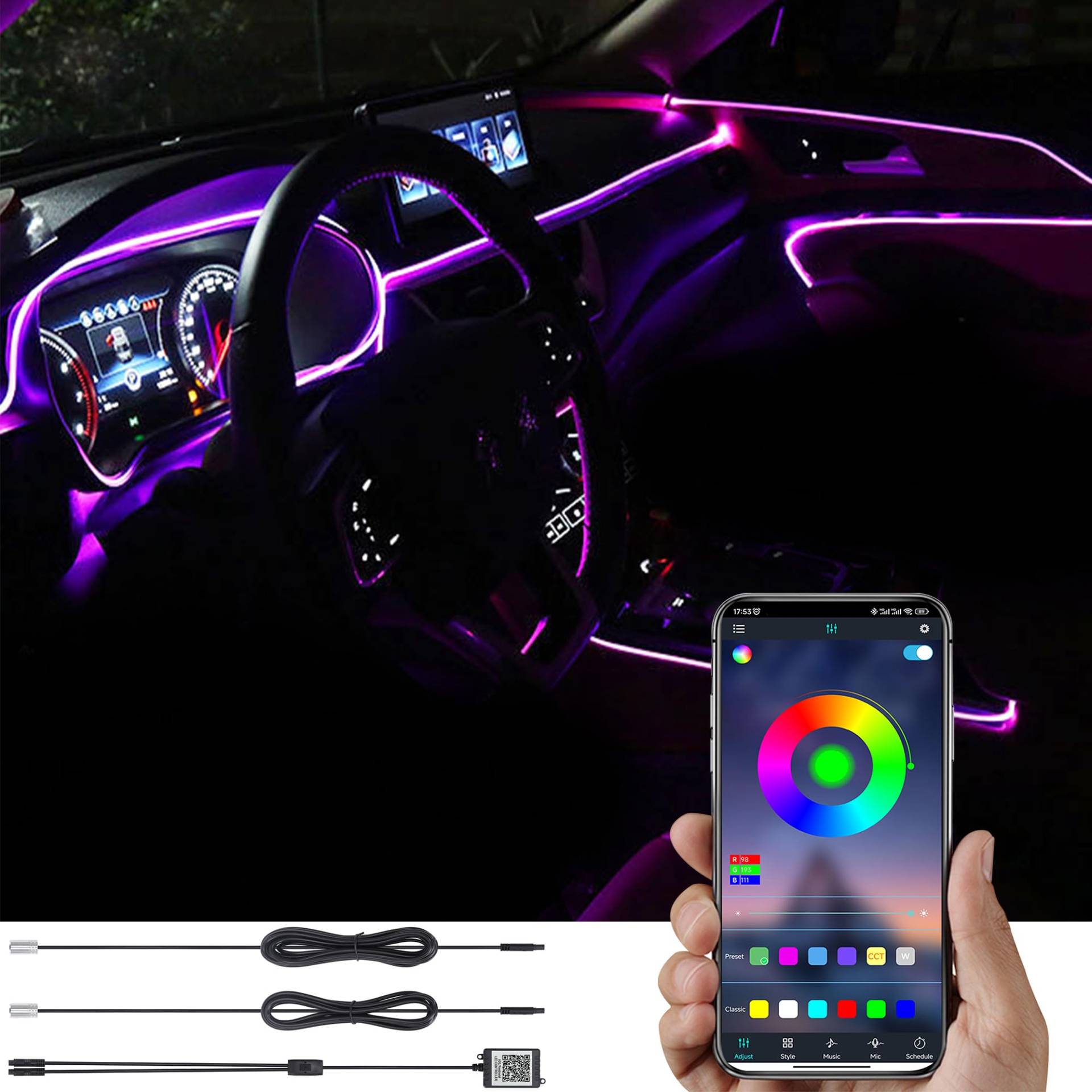 TABEN Auto Innenraumbeleuchtungs Kits 3 Meter Fiber Optic RGB Multicolor 16 Millionen Farben Musik-Sync-Rhythmus Sound Active-Funktion und drahtlose Bluetooth-APP-Steuerung 12V mit Zigarettenanzünder von TABEN
