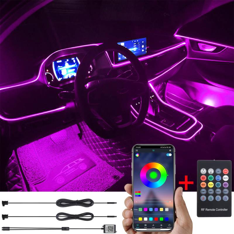 TABEN Auto Umgebungsbeleuchtung Kit 3m Glasfaser 64 Farben RF Fernbedienung + Bluetooth APP Steuerung USB Auto Atmosphäre Licht, DIY 16 Millionen RGB Mehrfarbig Sound Musik Sync Auto Innenbeleuchtung von TABEN