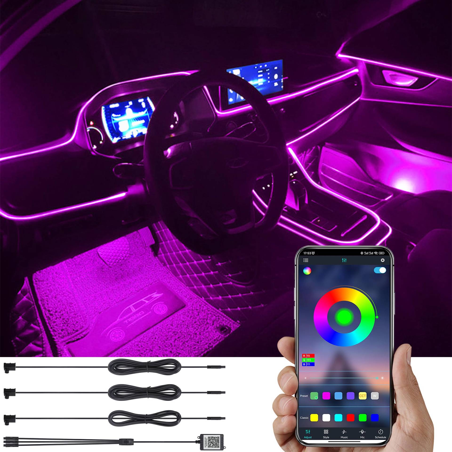 TABEN Auto Umgebungsbeleuchtung Kit 4m Glasfaser 64 Farben Bluetooth APP Steuerung USB Auto Atmosphäre Licht, DIY 16 Millionen RGB Mehrfarbig Sound Musik Sync Auto Innenbeleuchtung DC 12V von TABEN