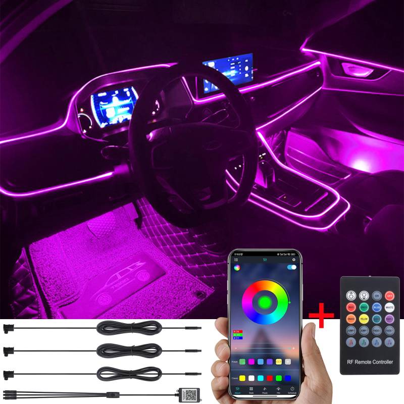 TABEN Auto Umgebungsbeleuchtung Kit 4m Glasfaser 64 Farben RF Fernbedienung + Bluetooth APP Steuerung USB Auto Atmosphäre Licht, DIY 16 Millionen RGB Mehrfarbig Sound Musik Sync Auto Innenbeleuchtung von TABEN