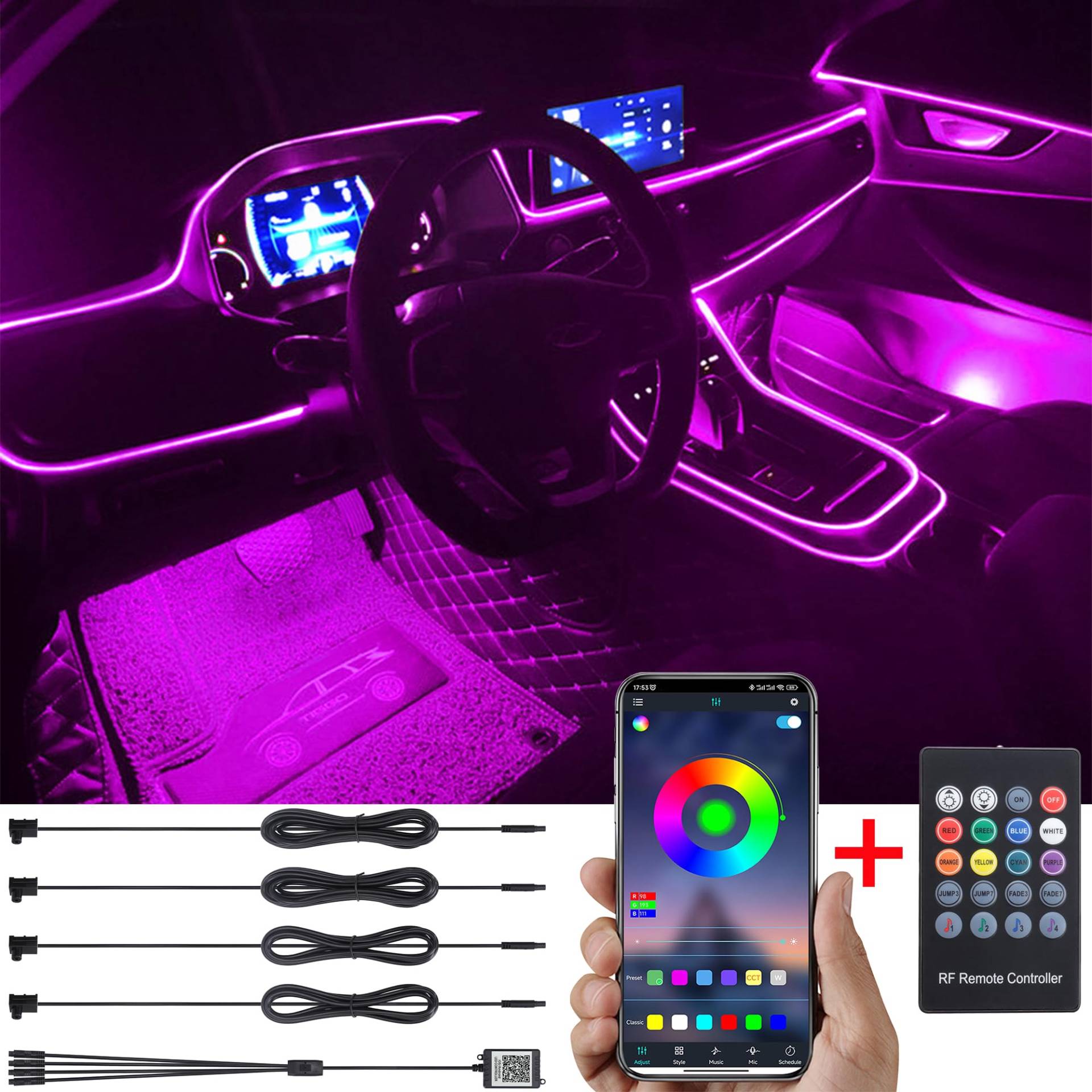 TABEN Auto Umgebungsbeleuchtung Kit 4m Glasfaser 64 Farben RF Fernbedienung + Bluetooth APP Steuerung USB Auto Atmosphäre Licht, DIY 16 Millionen RGB Mehrfarbig Sound Musik Sync Auto Innenbeleuchtung von TABEN