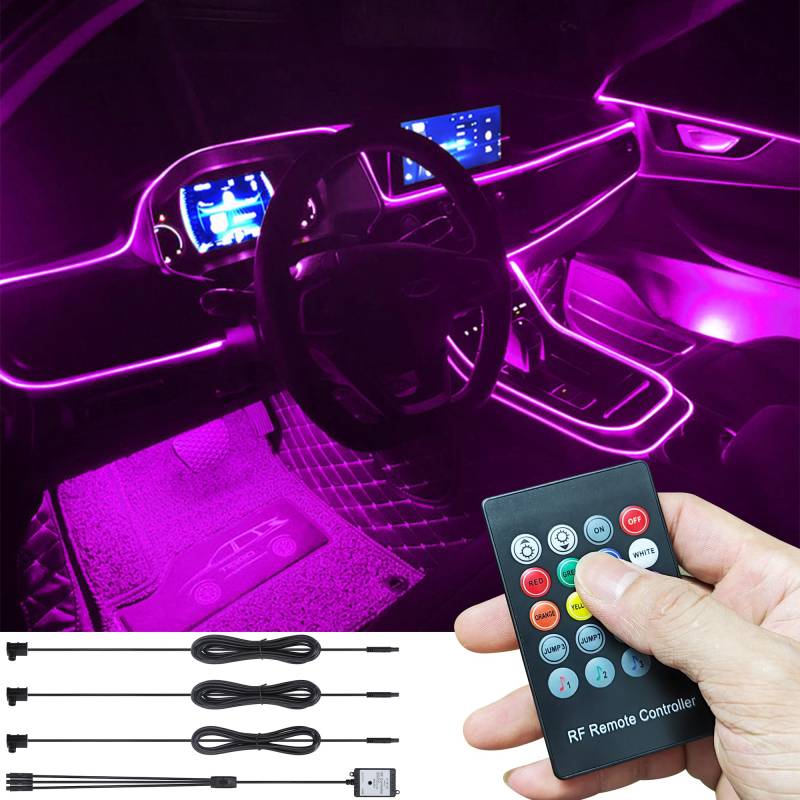 TABEN Auto Umgebungsbeleuchtung Kit 4m Glasfaser 8 Farben RF Fernbedienung USB Atmosphäre Licht, DIY RGB Mehrfarbig Sound Musik Sync Innenbeleuchtung DC 12V von TABEN